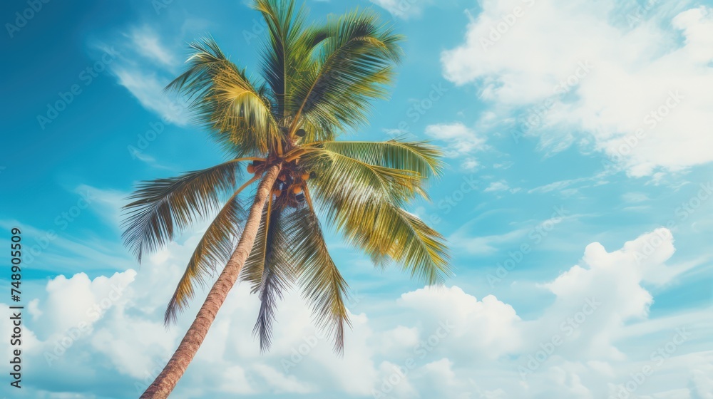 Palm tree on tropical beach with blue sky