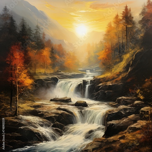 Oil painting portraying a waterfall in a mountain landscape.