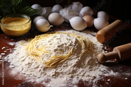 Raw egg pasta with flour and a rolling pin