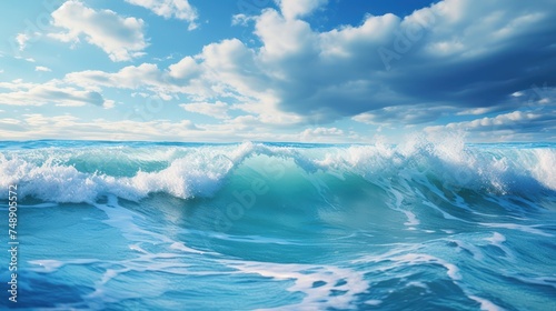 Powerful foamy sea waves rolling and splashing over the water's surface against a cloudy blue sky