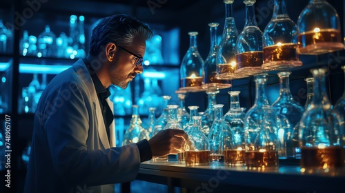Experienced scientist working in laboratory. He is examining test tubes