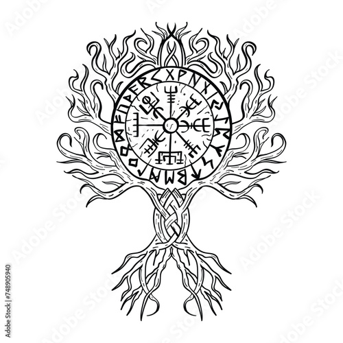 Yggdrasil, the tree of life. Vikings symbol Odin,with futhark runes , YGGDRASIL PAGAN SYMBOLS AND NORSE RUNES	
