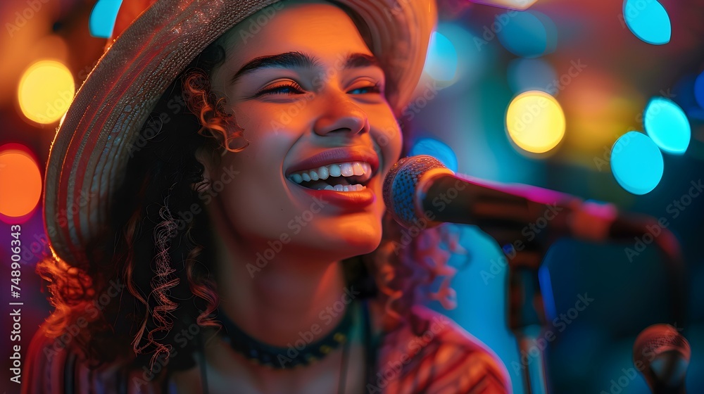 Young woman enjoys a lively evening music performance at outdoor concert. Concept Music Events, Outdoor Concerts, Young Adults, Entertainment, Vibrant Atmosphere