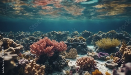 Underwater coral reef seabed view with horizon and water surface split by waterline © Adi