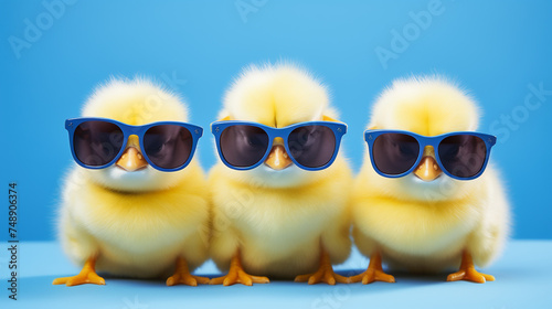 Three yellow chicks with a gangster vibe rocking blue sunglasses set against a dynamic blue studio background