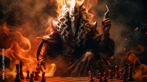 Satan lord as a king chess piece orchestrating moves on a smoldering chessboard symbolizing dark strategy