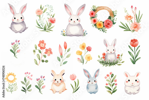 Easter card template. Eggs, bunny, chicken and flowers background. Happy Easter backdrop. Spring celebrations.