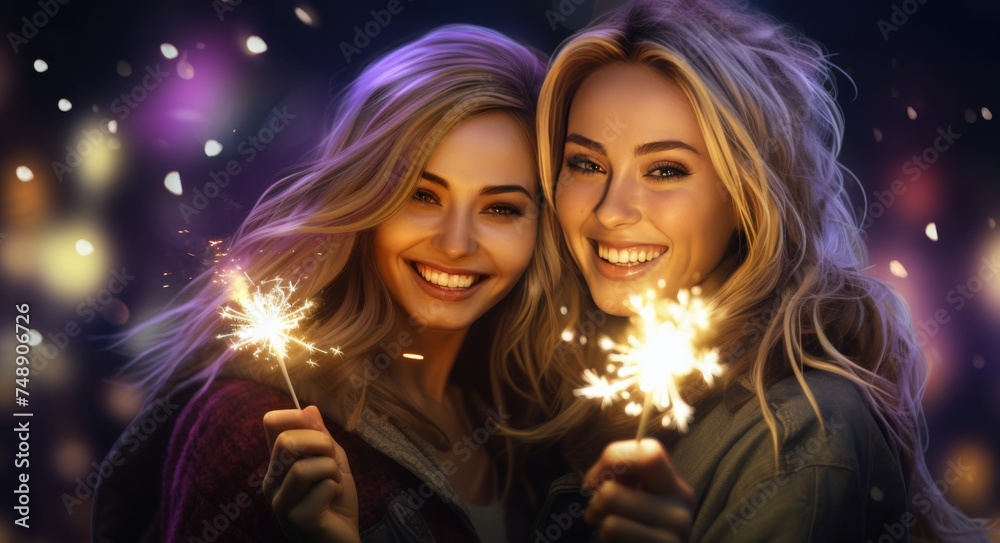 Two girls holding sparklers with each other smiling