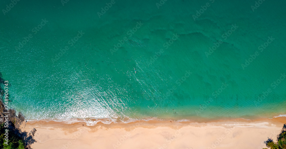 Paradise Thai Phuket, blue sea and sand beach Banana, travel photo Thailand by drone, aerial top view