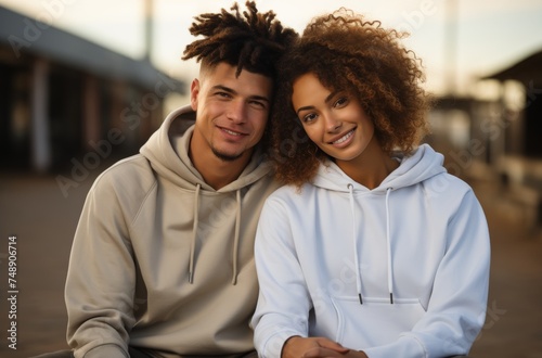 young couple posing outdoors in white hoodie product images