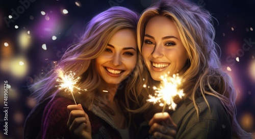 Two girls holding sparklers with each other smiling