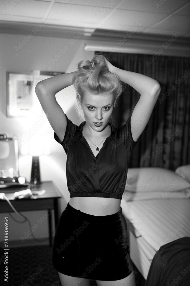 Captured in black and white, a 1970s young woman with a high bun and blonde hair strikes a pose with hands lifted overhead Captured in black and white, a 1970s young woman with a high bun and blonde hair strikes a pose with hands lifted overhead