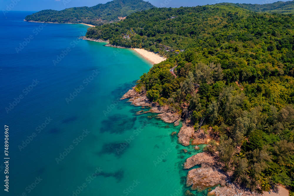 Travel photo Thailand, Aerial top view Phuket with turquoise sea and sand beach Banana