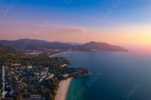 Aerial top view panorama sunset Surin beach with sea of Phuket paradise. Concept tropical travel photo Thailand © Parilov