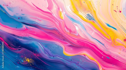 vibrant hues of pink, blue, yellow, and purple create an abstract pattern that appears wet and glossy. 