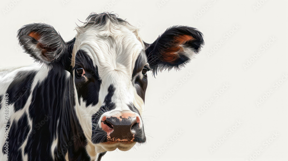 Curious black and white cow staring forward against a blank background