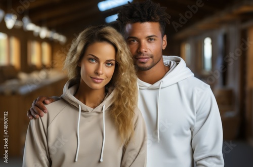 young couple posing outdoors in white hoodie product images