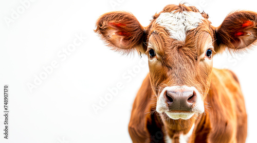 Curious Brown and White Cow Staring Forward Against a Blank Background
