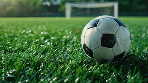 A soccer ball is lying on the grass of a football field. Close-up. A football goal is visible on a blurred background. Space for text. Grassy playground.