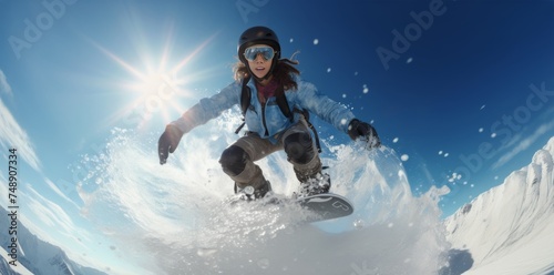 woman riding snowboard with 360 degree rotation paning