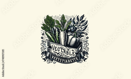 Kind of vegetables on basket retro and vintage logo hand drawn template