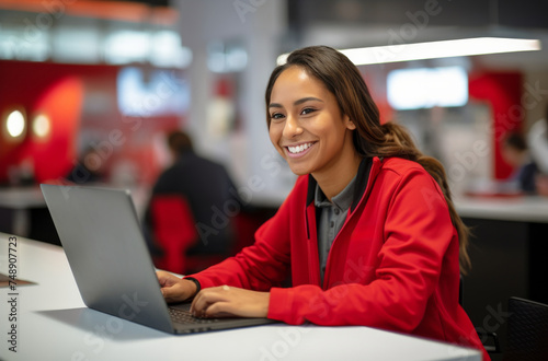 Smiling woman working in front of computer