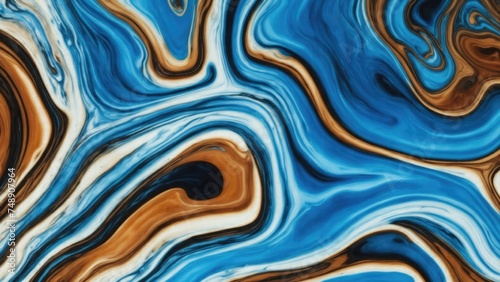Brown and Blue dynamic background mixing liquid paints art. Modern futuristic pattern marble translucent colors texture