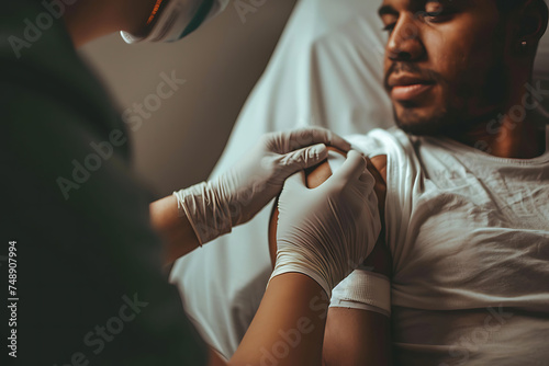 Man putting a bandage on a patient s arm