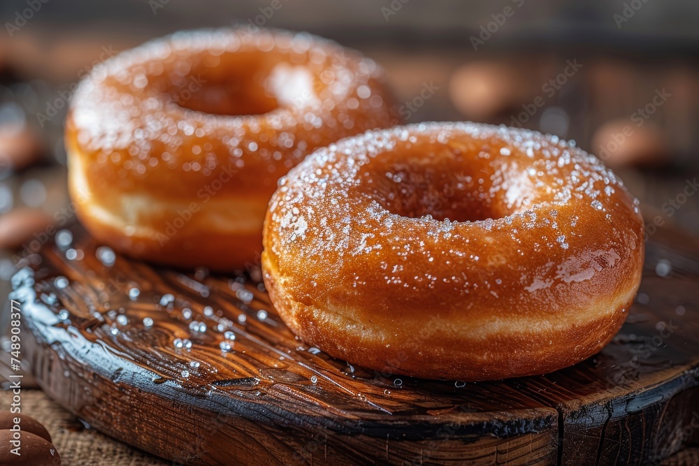 This appetizing close-up shows sugary glazed doughnuts on a rustic wooden board with a sprinkling of powdered sugar