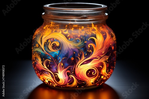 Vibrant paint swirling in water and creating mesmerizing pattern inside a clear glass jar