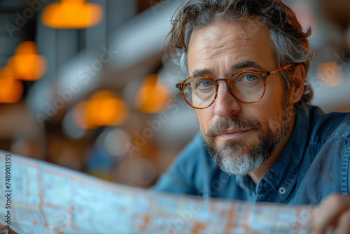 A man dons glasses and reads a map intently, surrounded by a cafe's blurred warm ambiance