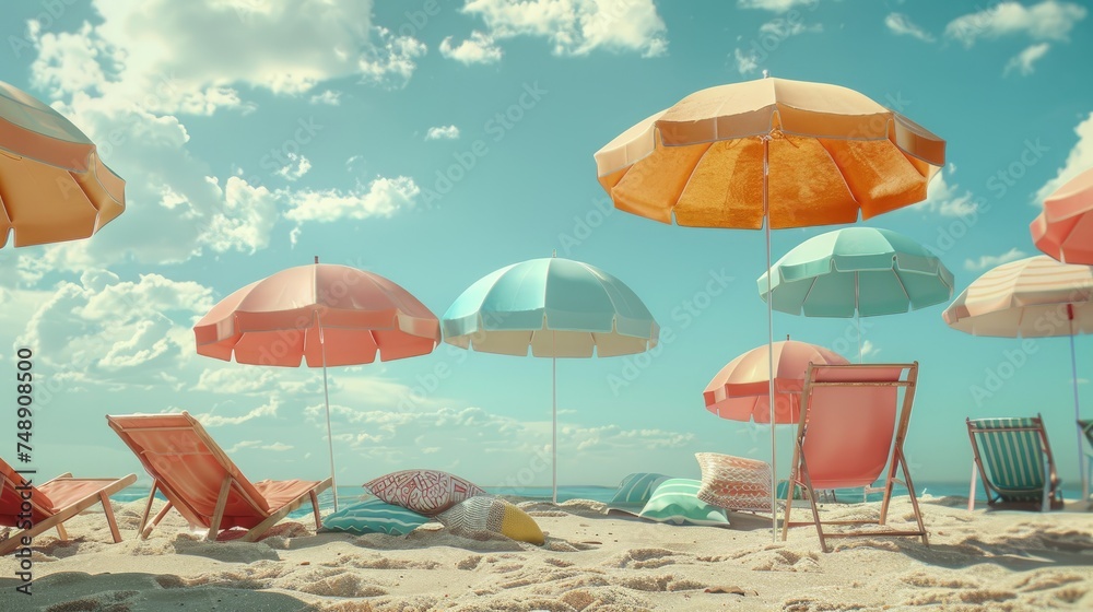 Serene Beach Day Setup, tranquil beach scene with colorful umbrellas and deck chairs under a clear sky, capturing the essence of a perfect summer day.