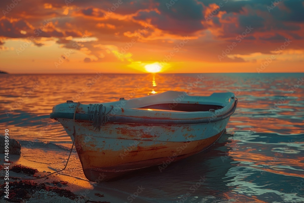 The peaceful solitude of a small boat tethered gently on the calm waters with a glorious sunset in the background
