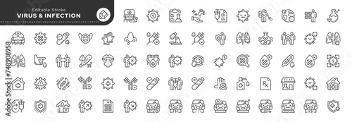 Set of line icons in linear style. Set - Virus and infection. Symptoms of the disease. Bacterial infection and diagnosis. Outline icon collection. Pictogram and infographic. Editable stroke.	