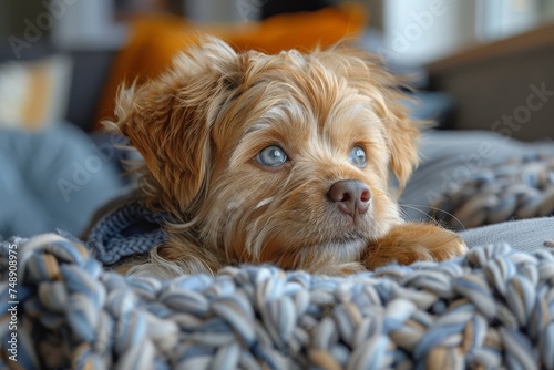Adorable dog taking a nap, cozily curled up on a soft, knitted blue and grey blanket