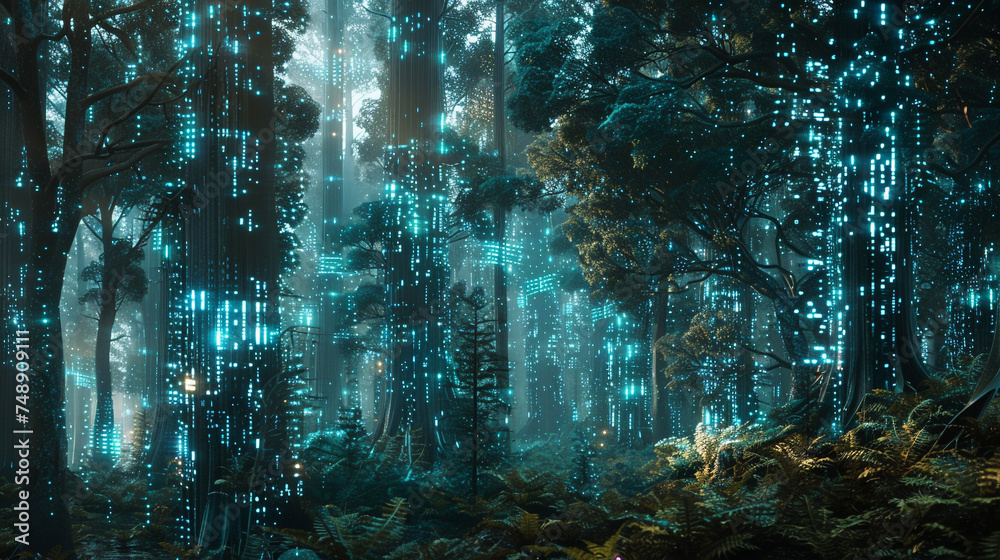 Cyborg trees in a dense forest, their digital leaves shimmering with data, a futuristic ecosystem thriving