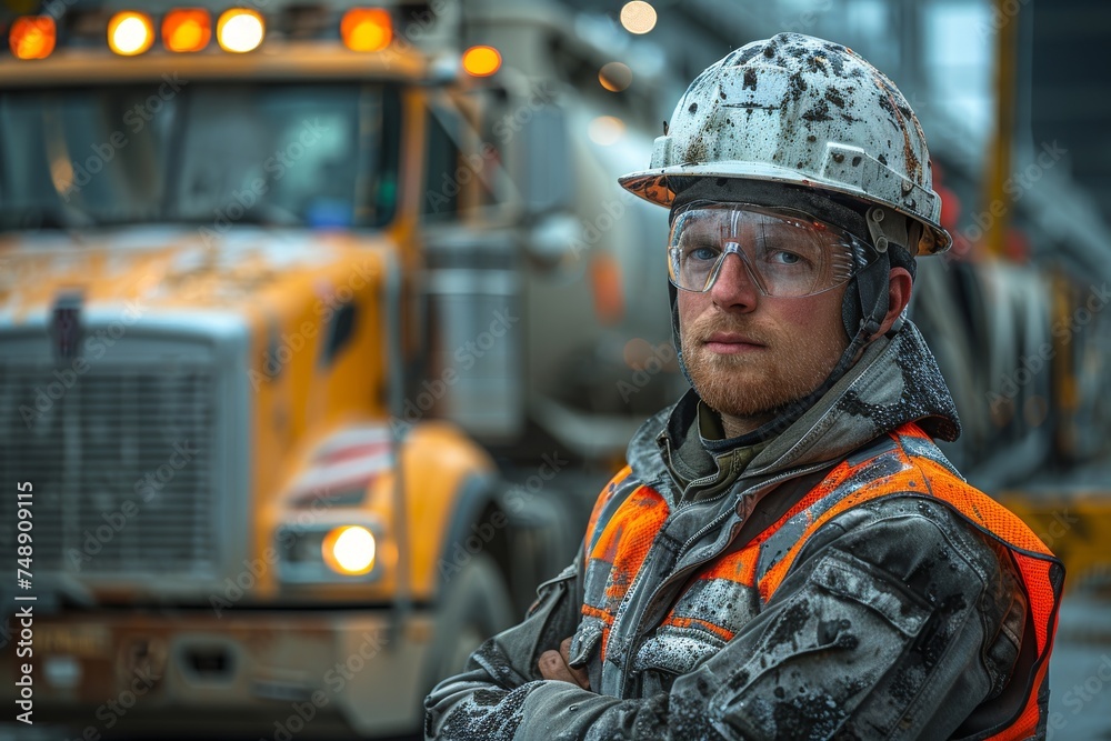 A construction worker with a hard hat and reflective vest stands before machinery A construction worker with a hard hat and reflective vest stands before machinery