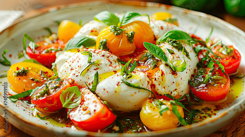 Salad with Tomatoes and Burrata cheese with basil and olive oil