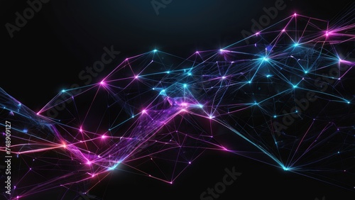 Abstract plexus on black background. connection glowing lines and dots. Illustration for design, advertising, technology, medical, chemical, science, business, Technology concept. 3D rendering