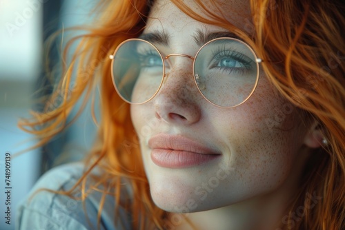 Intense close-up portrait of a woman with vivid orange hair and round glasses photo