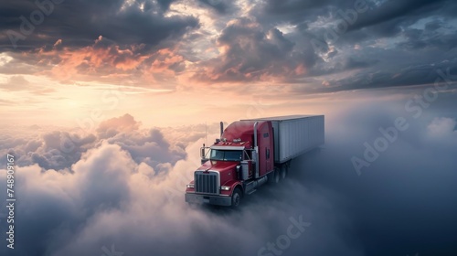 Truck in the clouds at sunset