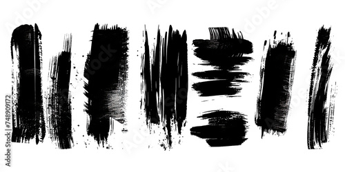 The image displays an assortment of black brush stroke textures, each varying in shape and size, set against a transparent background, suggesting a range of artistic brush techniques and possibly used