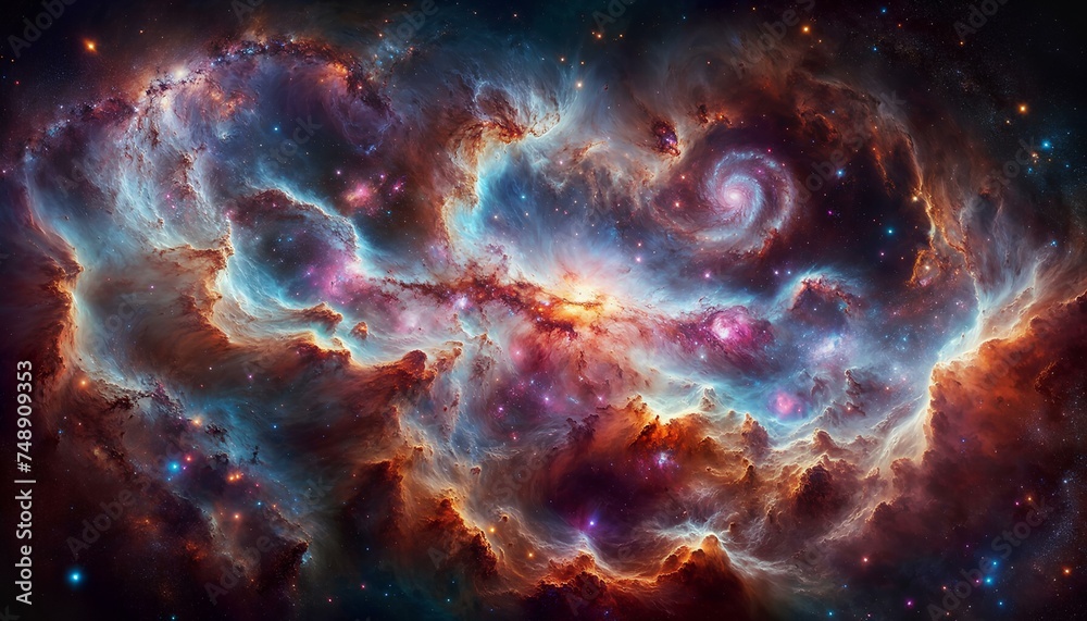 Fototapeta premium Panorama of nebulae and galaxies in space. Generative AI.