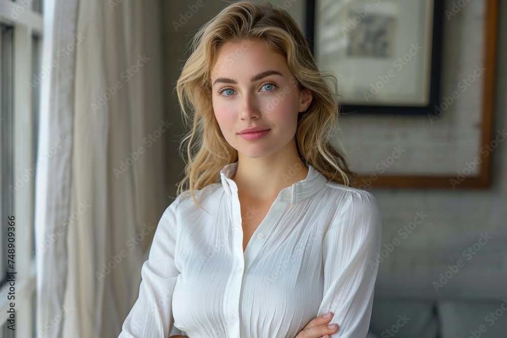 In her mid-20s, a striking woman with elegant, lengthy blonde hair, dressed in a pristine white blouse, accentuating her captivating blue eyes In her mid-20s, a striking woman with elegant, lengthy blonde hair, dressed in a pristine white blouse, accentuating her captivating blue eyes