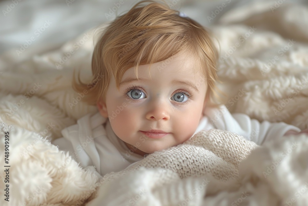 Innocent baby with blue eyes lying comfortably in a soft, fluffy white blanket, looking up