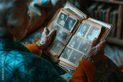 Senior woman carefully flips through a well-worn family album, reminiscing about the past photo