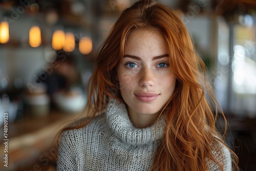 Close-up of a young red-haired woman with freckles, wearing a chunky knit sweater in a warm indoor setting