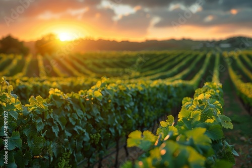 The sunset's warm glow highlights the neat rows of a vineyard, symbolizing growth and the wine-making tradition photo