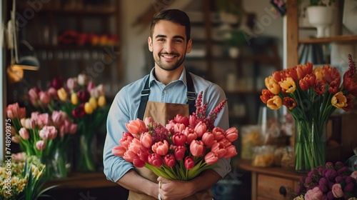 Portrait of an attractive cheerful guy with a bouquet of flowers giving you tulips