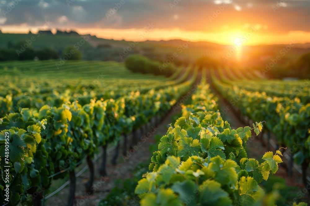The setting sun bathes the vineyard in a warm glow, emphasizing the rolling hills of Tuscany